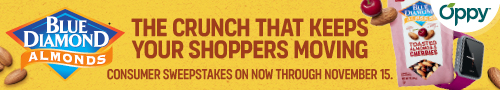 Blue Diamond Almonds - The Crunch that keeps your shoppers moving - Consumer sweepstakes on now through November 15 - Oppy