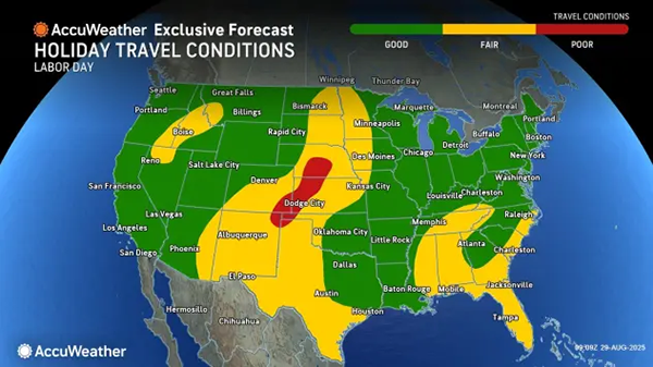 Two main zones of wet weather are forecast to shape conditions across the United States through Labor Day: One stretches from Wyoming to New Mexico, while another runs from Texas to Florida and the Carolinas