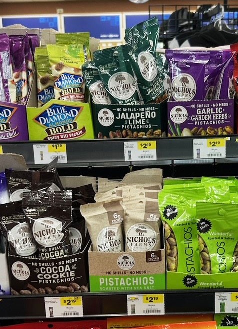 Nichols Farms makes merchandising or cross-merchandising easier to accomplish in-store with display trays of its 2 oz no-shell pistachios in four different flavors: Roasted with Sea Salt, Cocoa Cookie, Garlic & Garden Herbs, and Jalapeño Lime