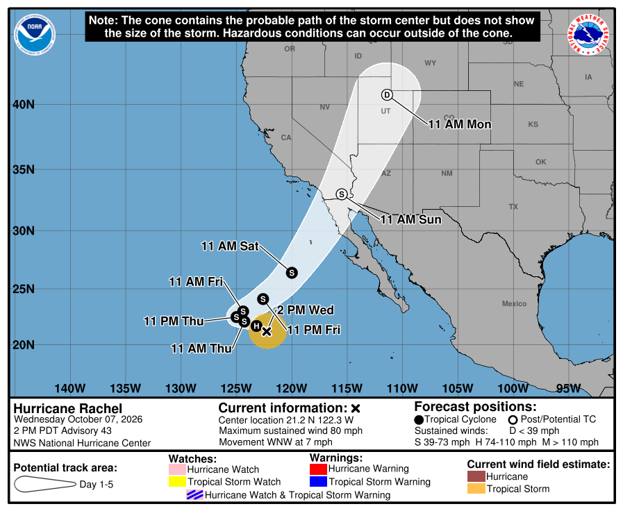 A Pacific trough is moving into California, and remnant moisture from Hurricane Rachel could bring showers to the South Valley (Image credit: National Oceanic and Atmospheric Administration)